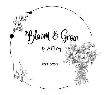The Bloom & Grow Farm logo: a hand-drawn bouquet and a parent holding a child's hand, est. 2023
